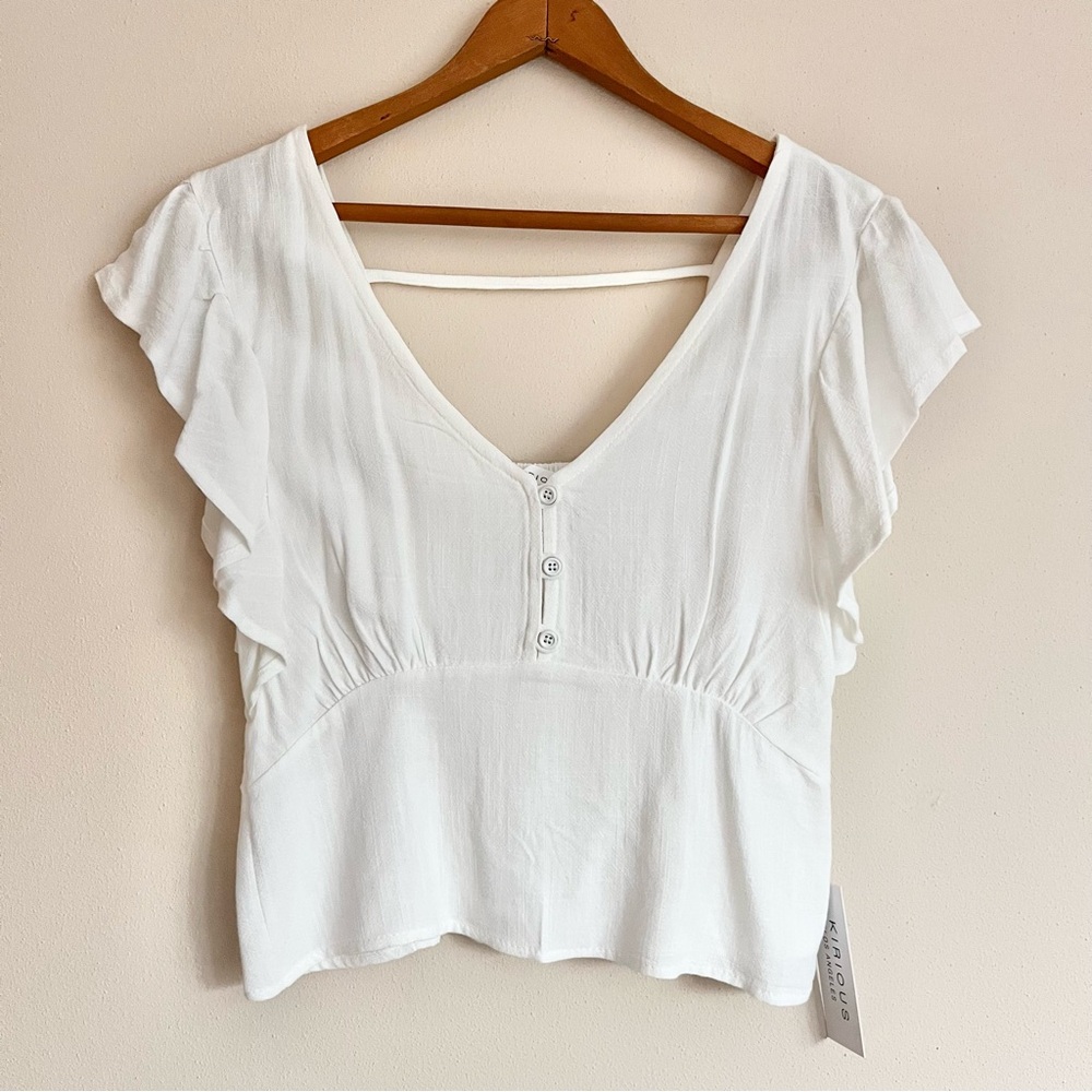 White Flutter Sleeve Smocked Back Crop Top Kirious NWT M